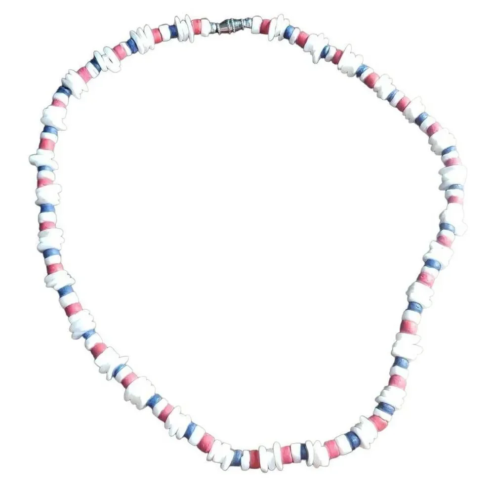 Red, White, and Blue Shell/Wood Beach Necklace‎